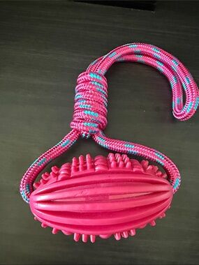 Pink Textured Rubber Tug Toy with Pink & Teal Rope